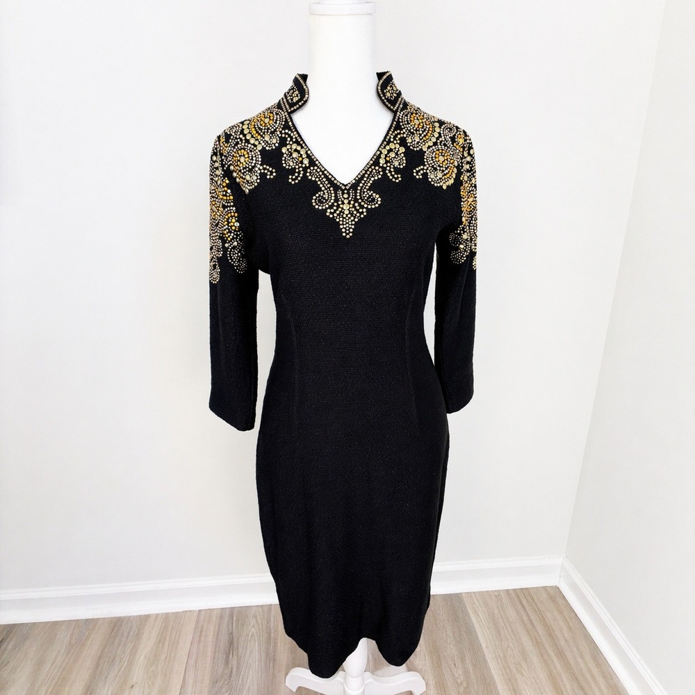 St John Couture Caviar Black Jeweled Knit Dress Sz 4 Evening Formal Cocktail NWT